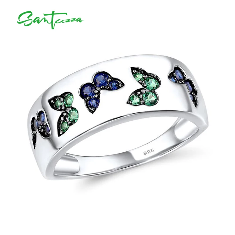 SANTUZZA Silver Ring For Women 925 Sterling Silver Sparkling Created Blue Sapphire Green Spinel Butterfly Trendy Fine Jewelry