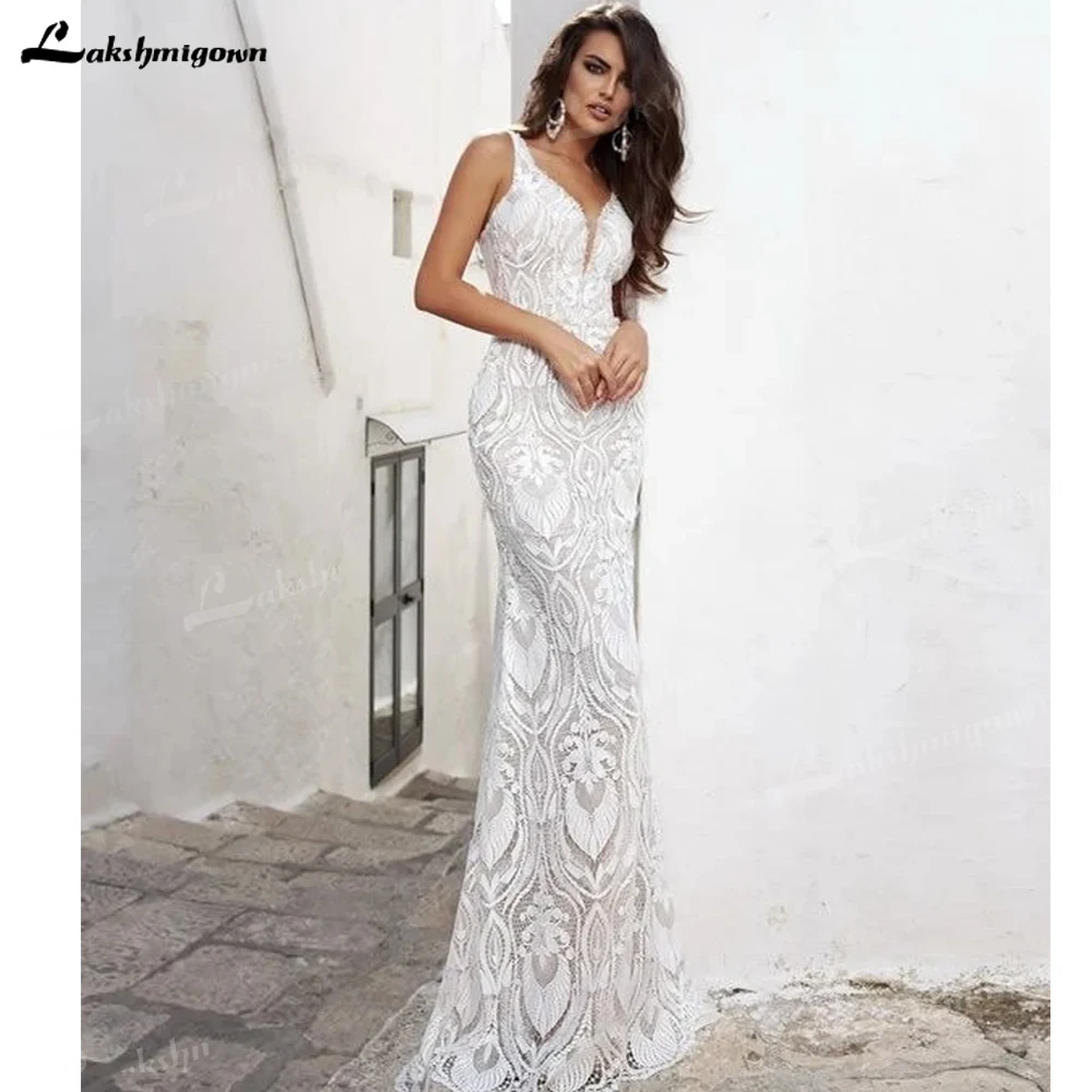 Vestido de novia de sirena Sexy único, elegante Vestido de dama de honor sin mangas, Vestido de novia personalizado, cuello en V, encaje 3D, tul, cola larga