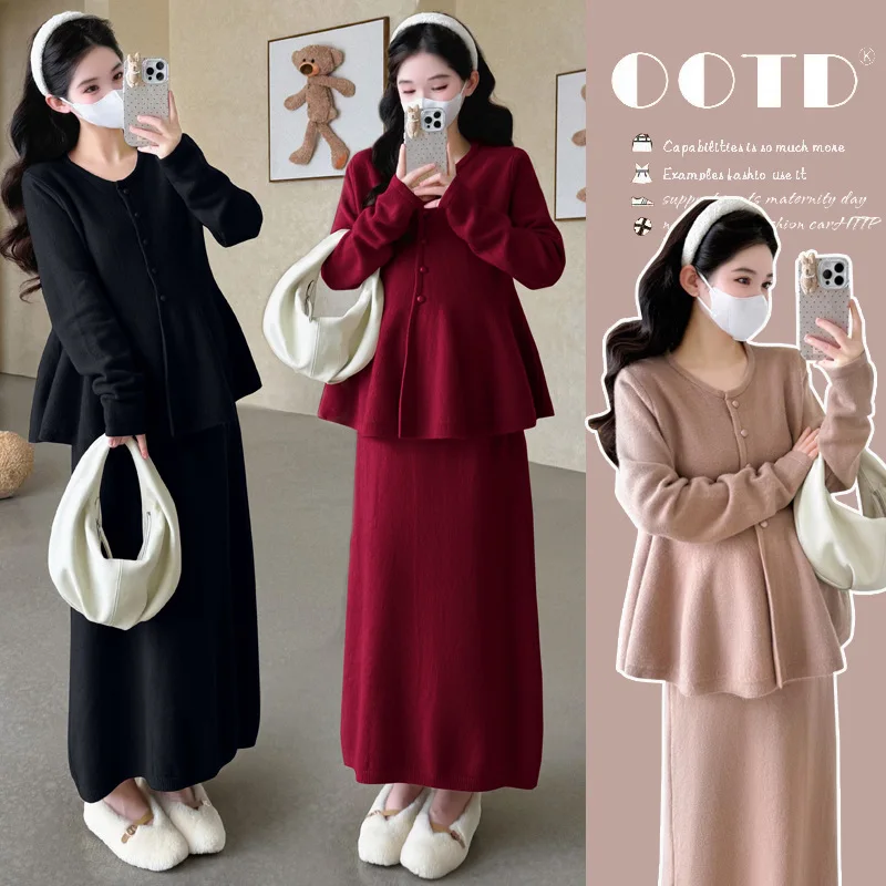 

Костюм для беременных: осенне-зимний винтажный элегантный мягкий свободный удобный свитер и юбка миди, комплект из двух предметов для беременных женщин