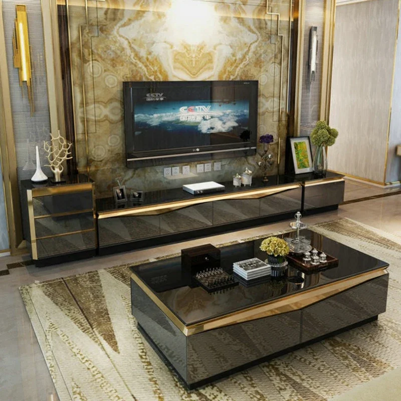 TV Stand modern Living Room TV monitor stand mueble stalinite gold stainless steel cabinet mesa+tv table+Coffee centro Table