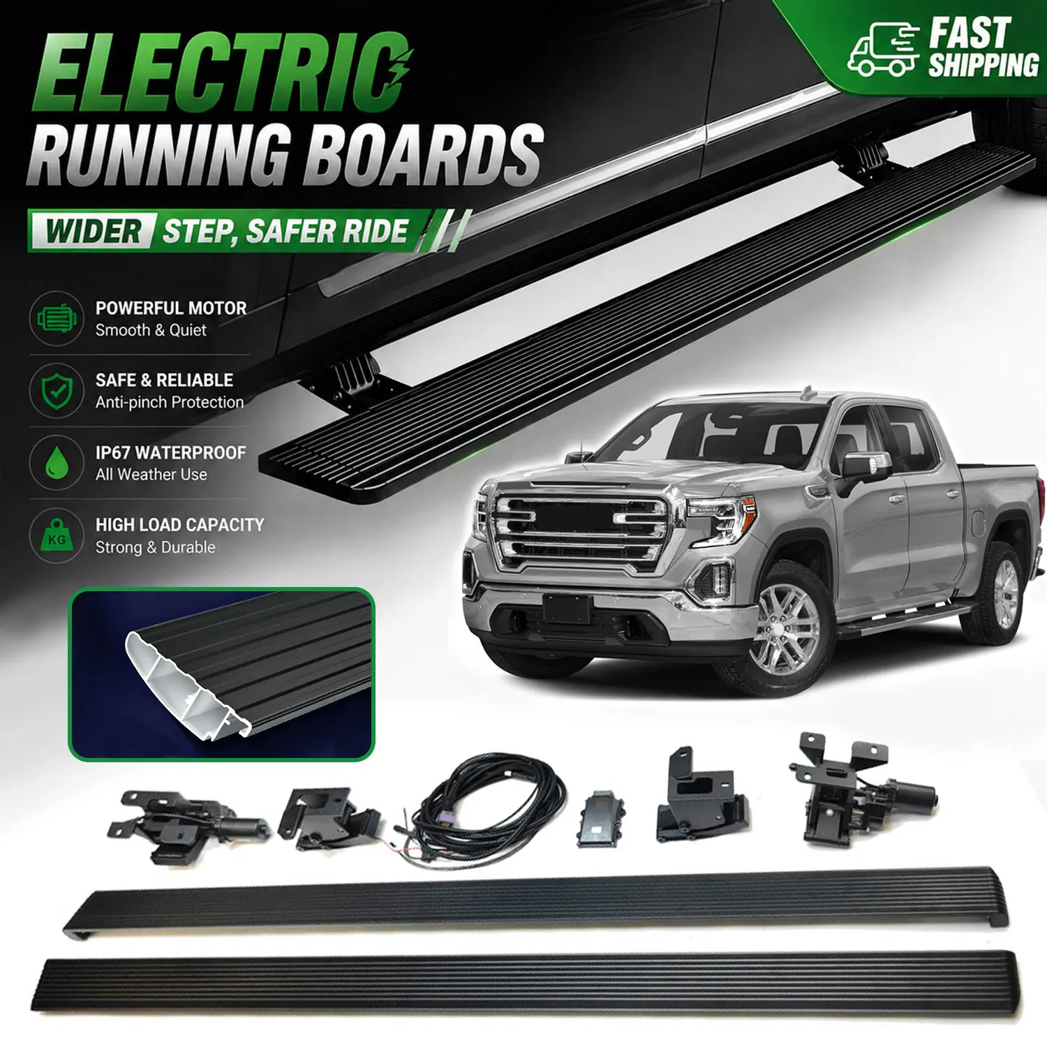Fits GMC Sirra 1500 K2XX 2014-2018 Power Running Boards Extra Wide Pedal Electric Retractable Side Steps Aluminum Nerf Bars