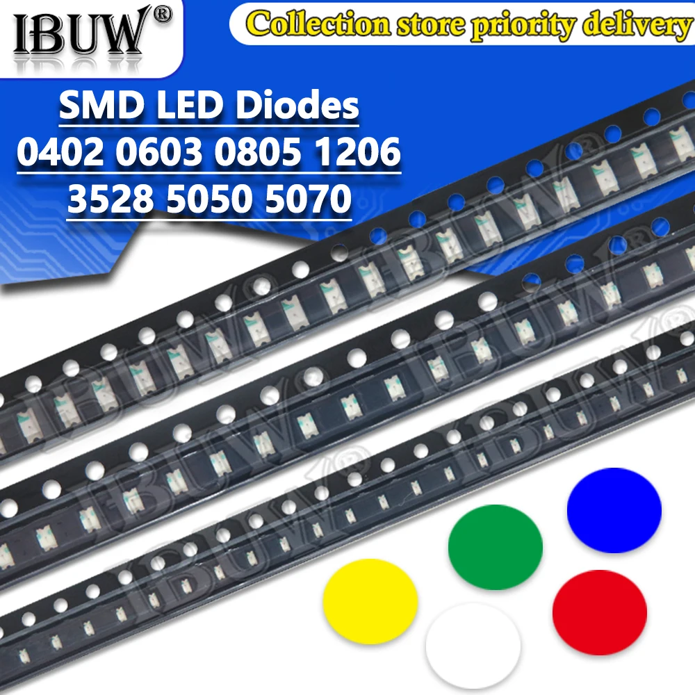 Diode électroluminescente LED SMD, rouge, jaune, vert, blanc, bleu, 100 pièces, 0402, 0603, 0805, 1206, 1210, 3528, 5050, 5730