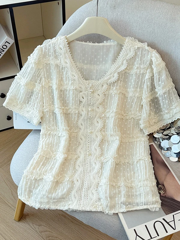 

Elegant Lace Trim Embroidered Chiffon Top Women's Summer High Fashion Slimming Large Size Anti-Aging Shirt Gentle Wind Style