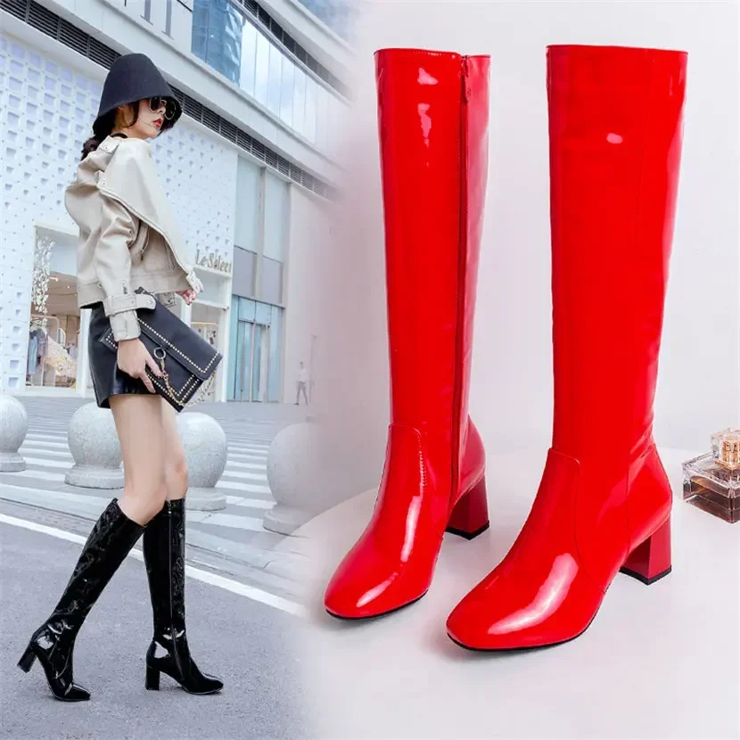 Red White Patent Leather Women Knee High Boots Block Heels Go Go Halloween Party Dress Lady Square Toe Winter Zipper Long Shoes