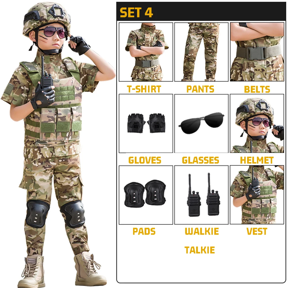 Kids Outdoor Military Training Uniform Set,Children Camouflage Top Pants Suit,Boys Girls Jungle Special Forces Combat Costume