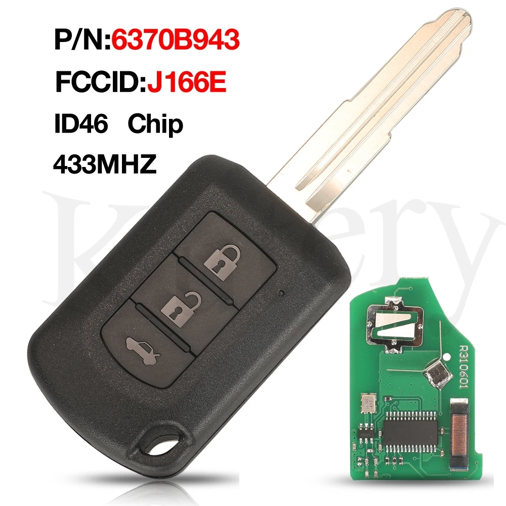 jingyuqin 3 Buttons J166E Remote Car Key ID46 PCF7941 Chip 433MHz P/N: 6370B943 For Mitsubishi Lancer 2010-2019 MIT11R Blade