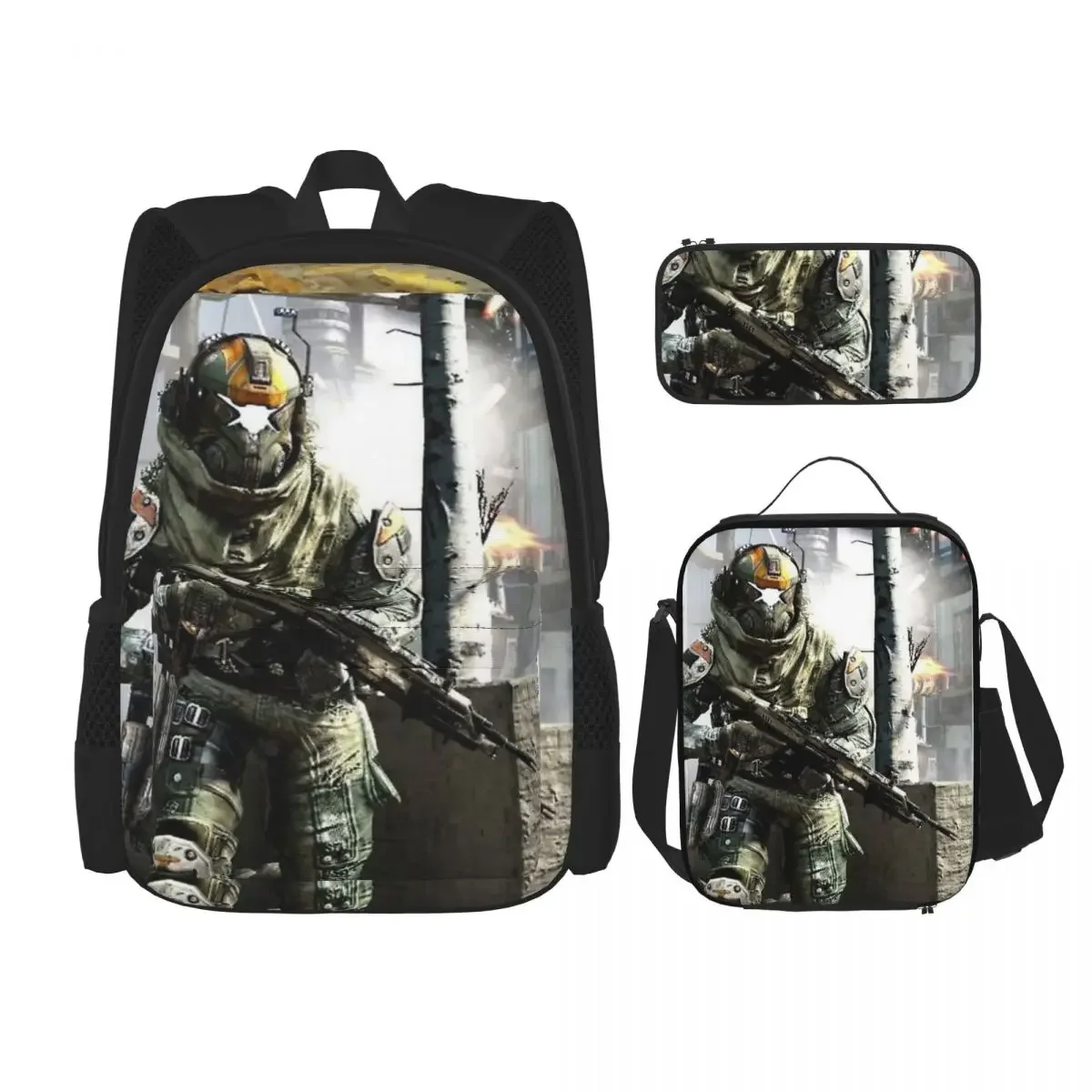 Titanfall 2 Helmet Backpacks Boys Girls Bookbag Students School Bags Cartoon Kids Rucksack Lunch Bag Pen Bag Three-Piece Set