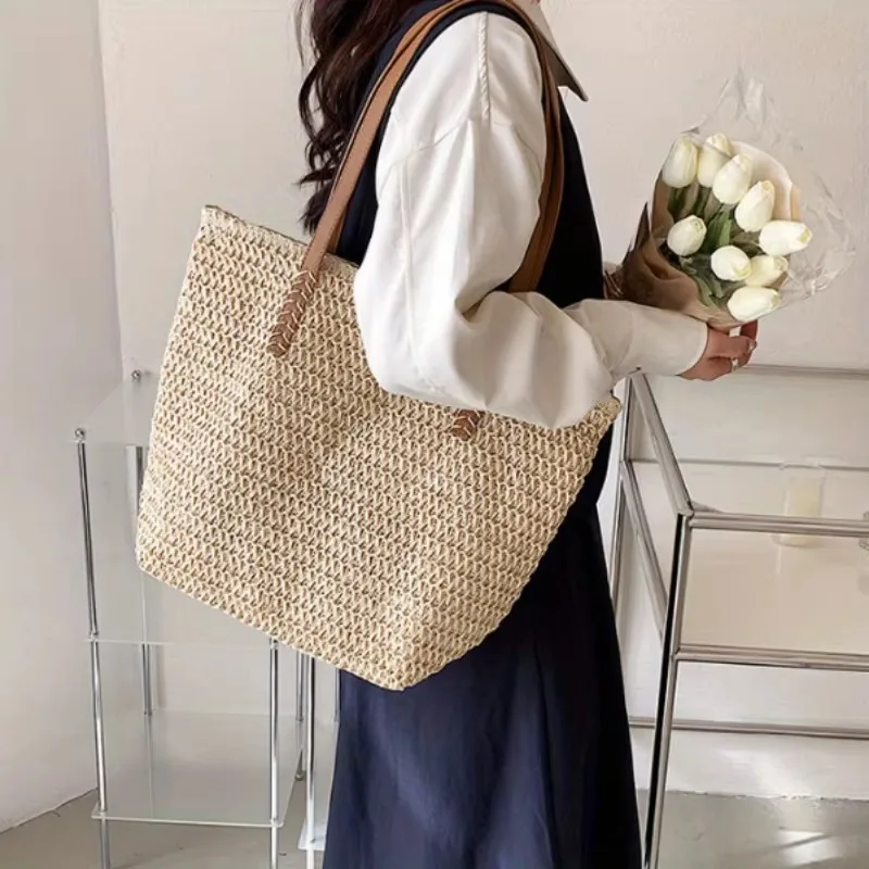حقيبة كتف للشاطئ منسوجة صيفية فرنسية، حقيبة حمل مفردة بنمط مضفر، حقيبة ترفيهية للإبط، حقيبة تسوق كبيرة للنساء