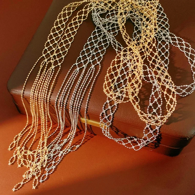 Simple Trendy Mesh Grid Hollowed Out Long Tassel Layered Necklace for Women Luxury Temperament Party Statement Jewelry Night Out