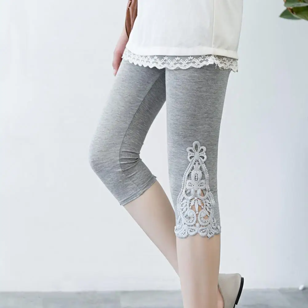 Women Cropped Leggings Elastic Waist Embroidery Lace Stitching Summer Stretchy Cropped Pants Thin Tight-Fitting Pants