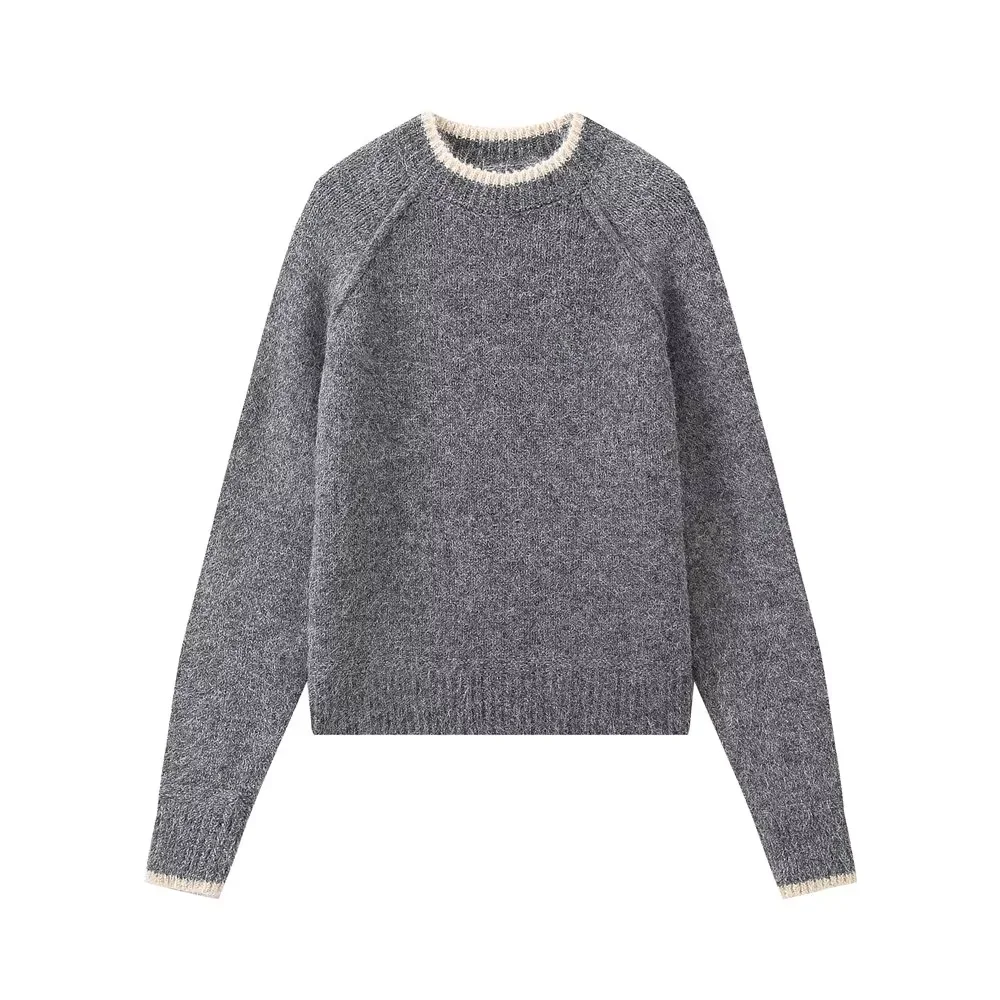 Kar&Otza  Fall/Winter 2024 New  Lazy Style Thick  Round  Neck Short  Grey Sweater with Knitted Inner