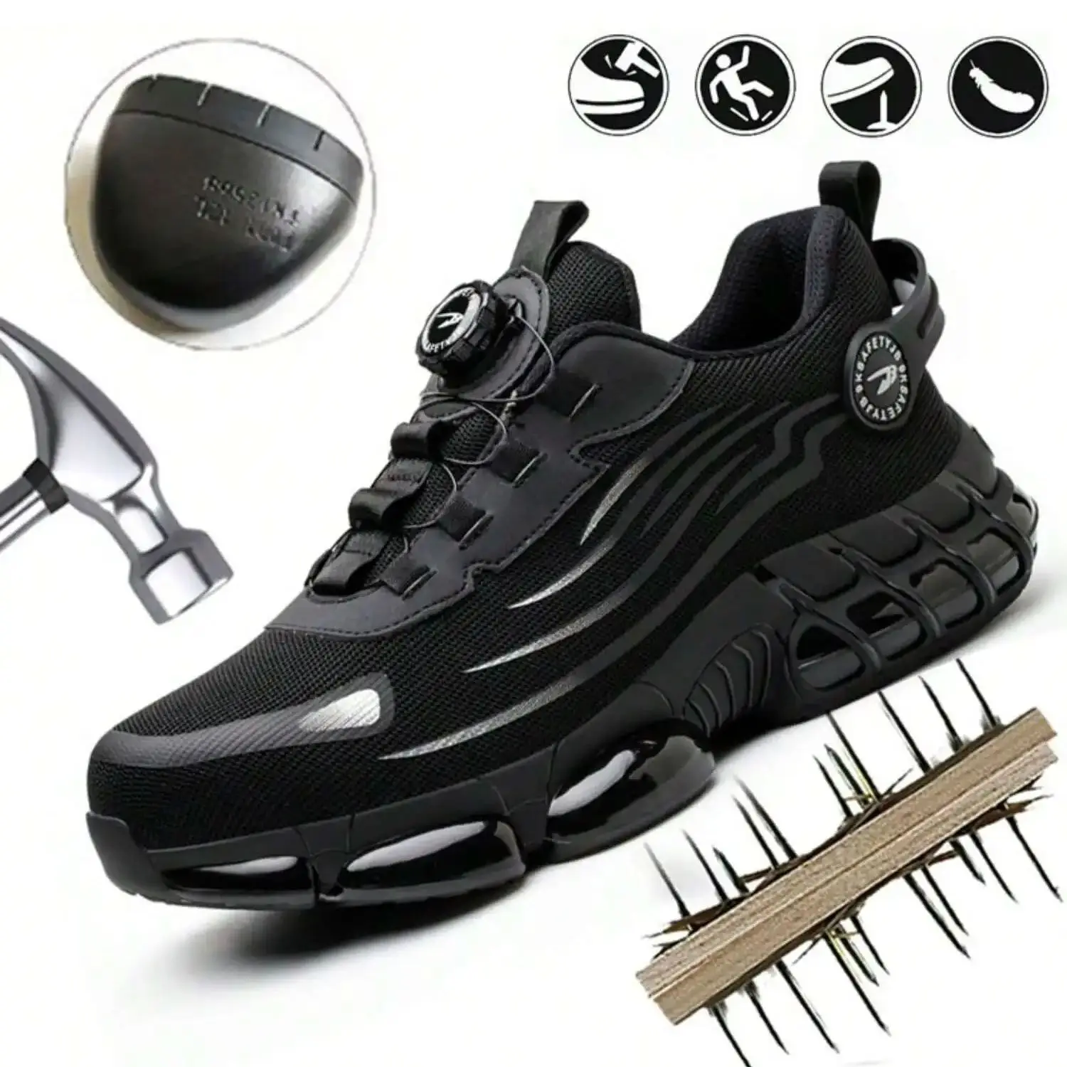 

Rotary Button Safety Shoes 37-48 Size for Men, Men Women Steel Toe Cap Sneakers Lace-free Shoes Puncture-proof Anti-smash Boots