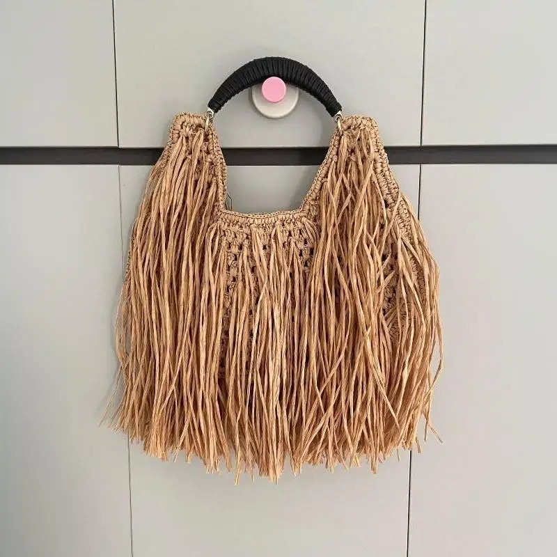 NEW 1Pc Bohemian Ethnic Straw Woven Fringed Shoulder Bag Pure Hand-Woven Crossbody Tote Women Summer Holiday Beach Travel Gift