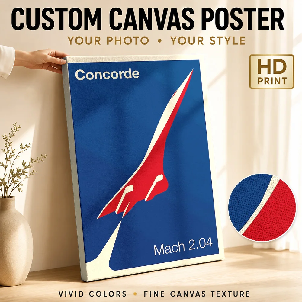 Concorde Supersonic Aircraft Canvas Print With Wooden Frame Personalized Photo Retro Aviation Graphic Wall Art For Home Office