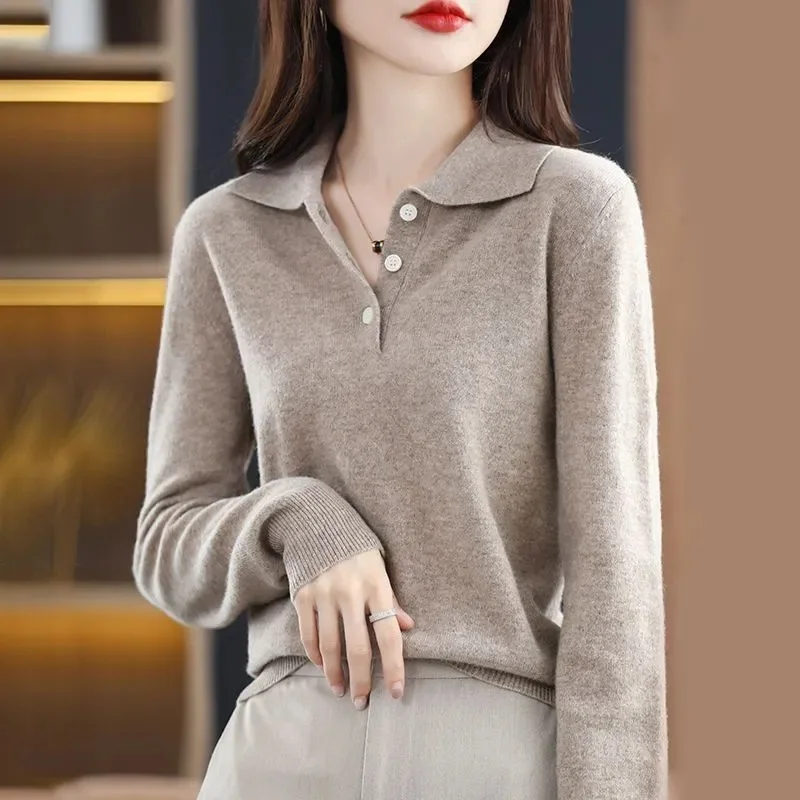 Women Sweater 2023 New Spring Autumn POLO Collar Sweater Knitted Pullover Long-Sleeved Non-Cashmere Jumpers Bottoming Shirt