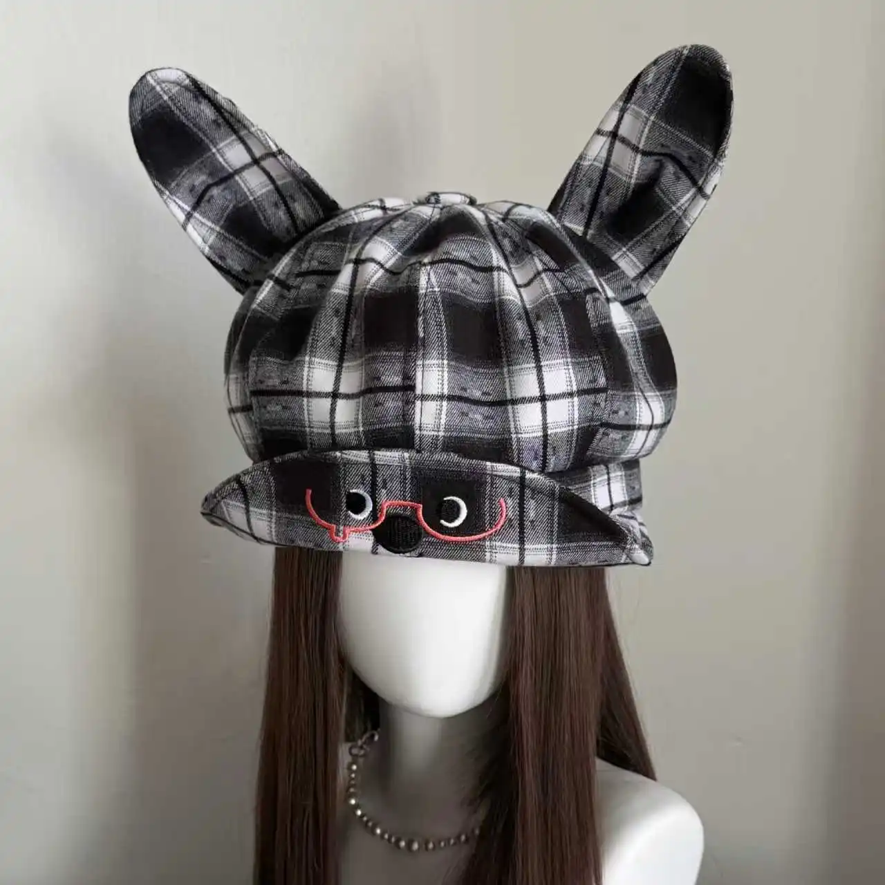 Plaid Puppy Ear Beret, Cute Expression Design Newsboy Cap, Soft Versatile Women Hat for Daily Street Casual Wear