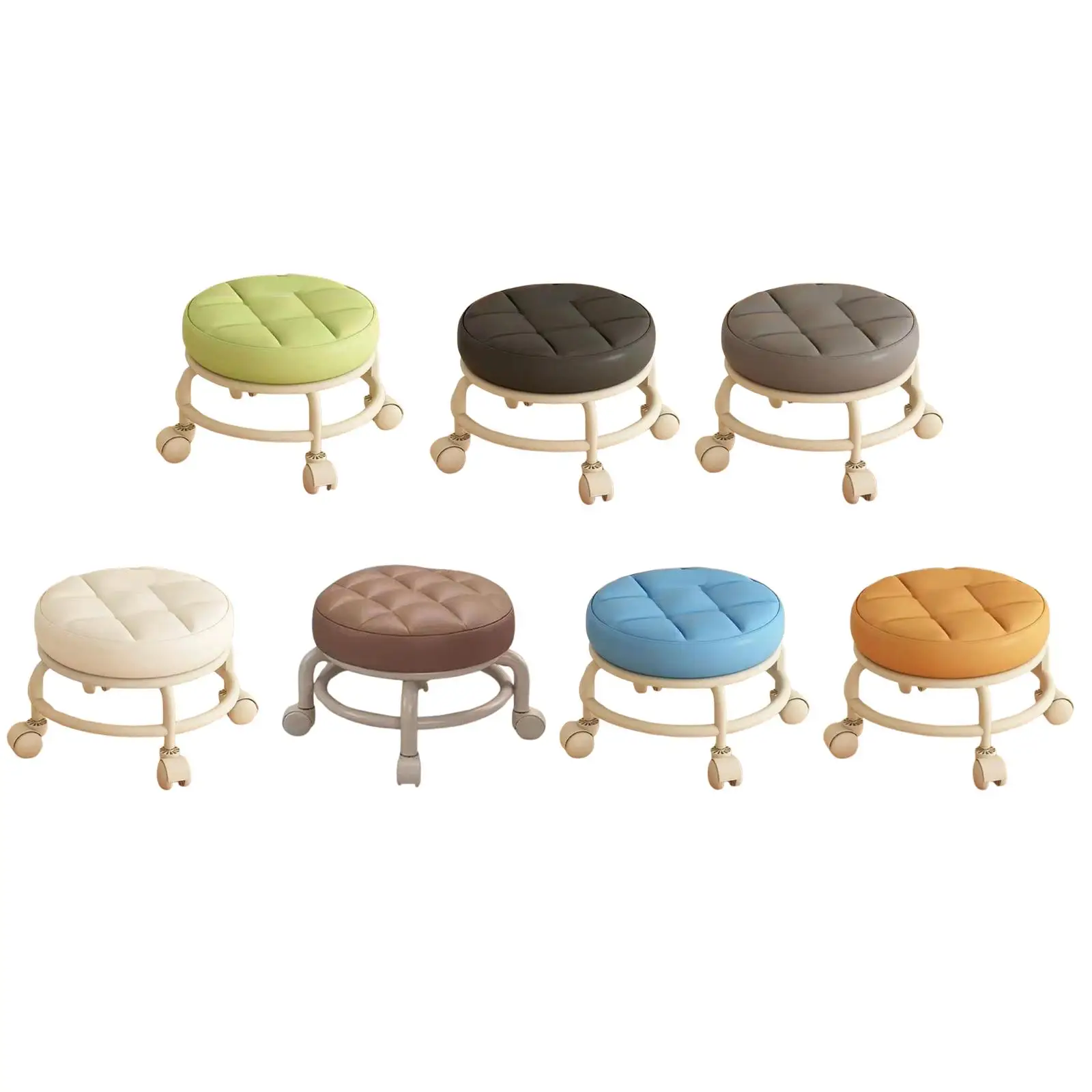 Rolling Stool Low Roller Seat Comfortable Round Sturdy Modern PU Leather with Wheel for Home Playroom Porch Kitchen Garage