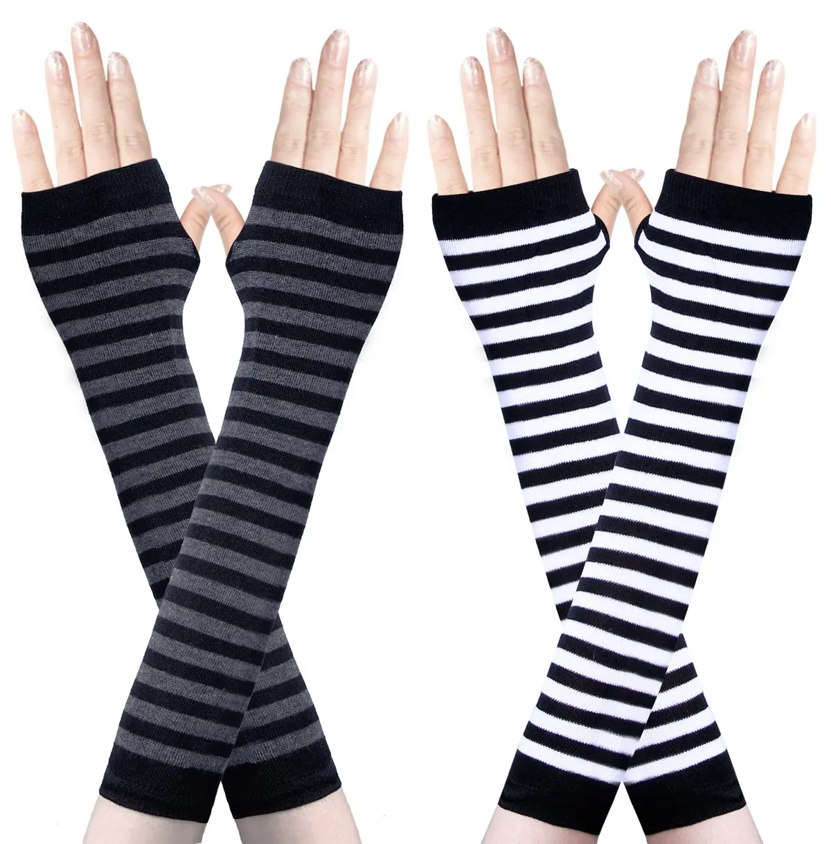 

Long Glove Arm Cover Classic Black and White Striped Fingerless Elbow Gloves Warmer Knitted Wristband NEW