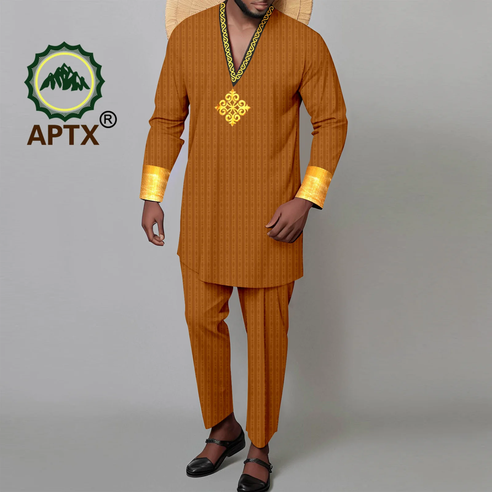 APTX African Clothes for Men Summer Traditional 2 Pieces Set V-neck Embroidery Shirt Pants Wedding National Causal Wear A2316033