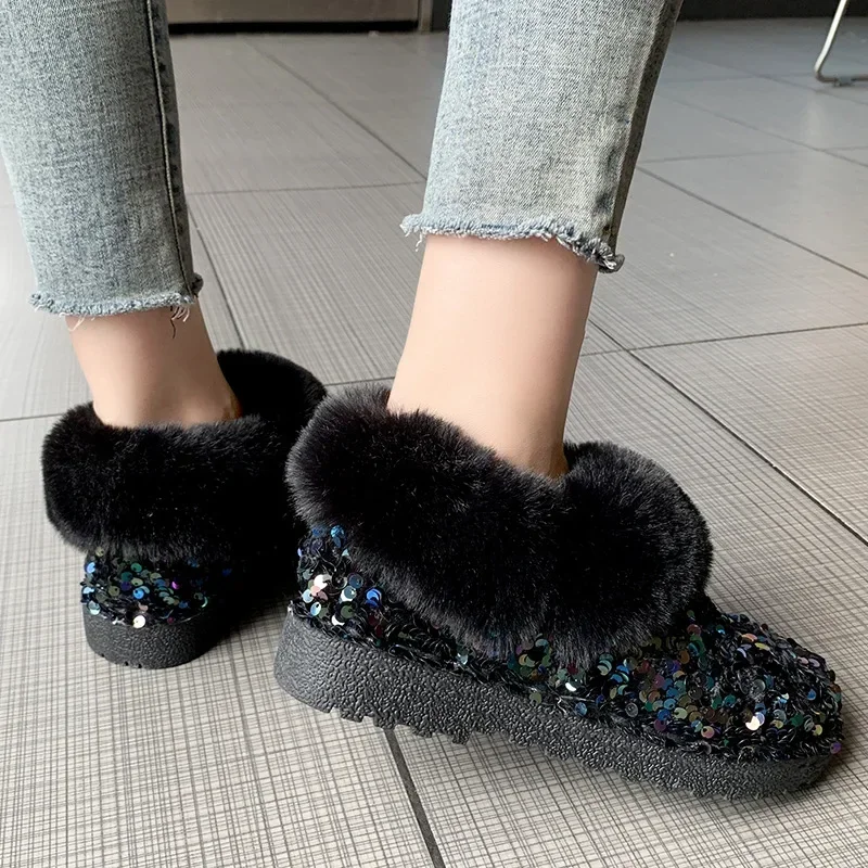 Women Boots Glitter Short Boots Female Cozy Warm Ankle Boot Woman Flat Furry Shoes Women\'s Bling Snow Boots Zapatos De Mujer