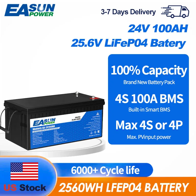 Easun Power 24V 100Ah LiFePO4 Lithium Battery 25.6V Grade A Cells Portable Outdoor Camping Home Solar Energy Storage Customizable BMS Parallel Support 2000 Cycles US Warehouse Stock