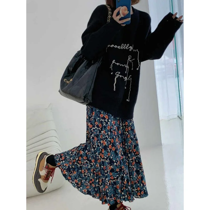 Vintage Blue Flower Print Skirt for Women Summer New High Waist A-line Skirts Lazy All-match Mid-length Loose Faldas Mujer