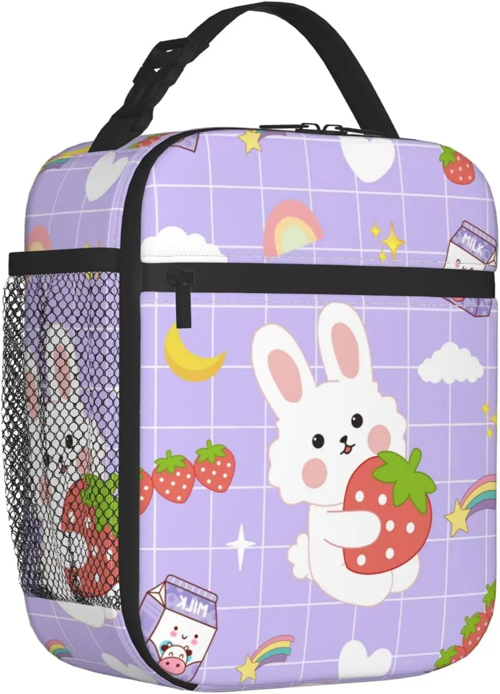 Strawberry Bunny Insulated Purple Lunch Box for Girls Reusable Aesthetics Cooler Tote Lunchbox for School Work Travel Picnic