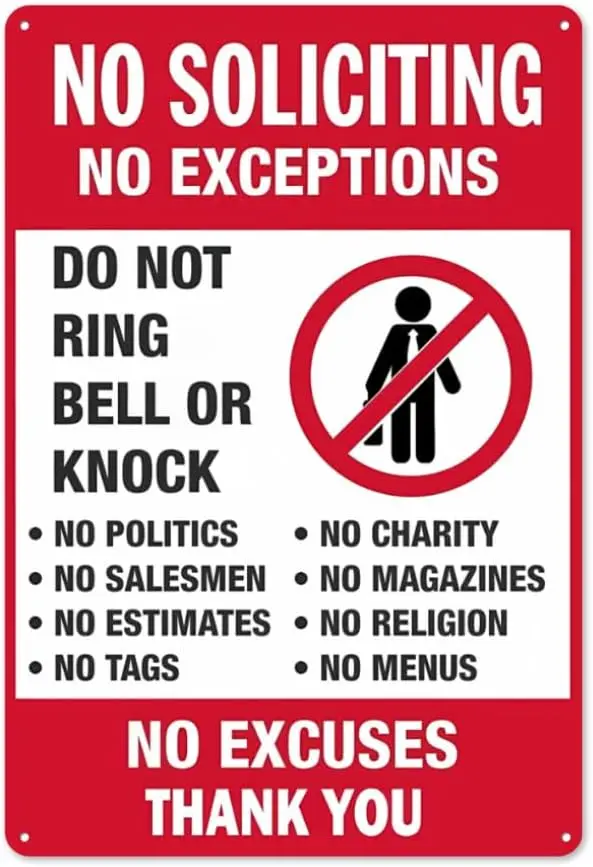 No Soliciting Sign for House Front Door Funny No Exceptions Do Not Ring Bell No Knock Metal Signs - Metal Plaque Poster for Home