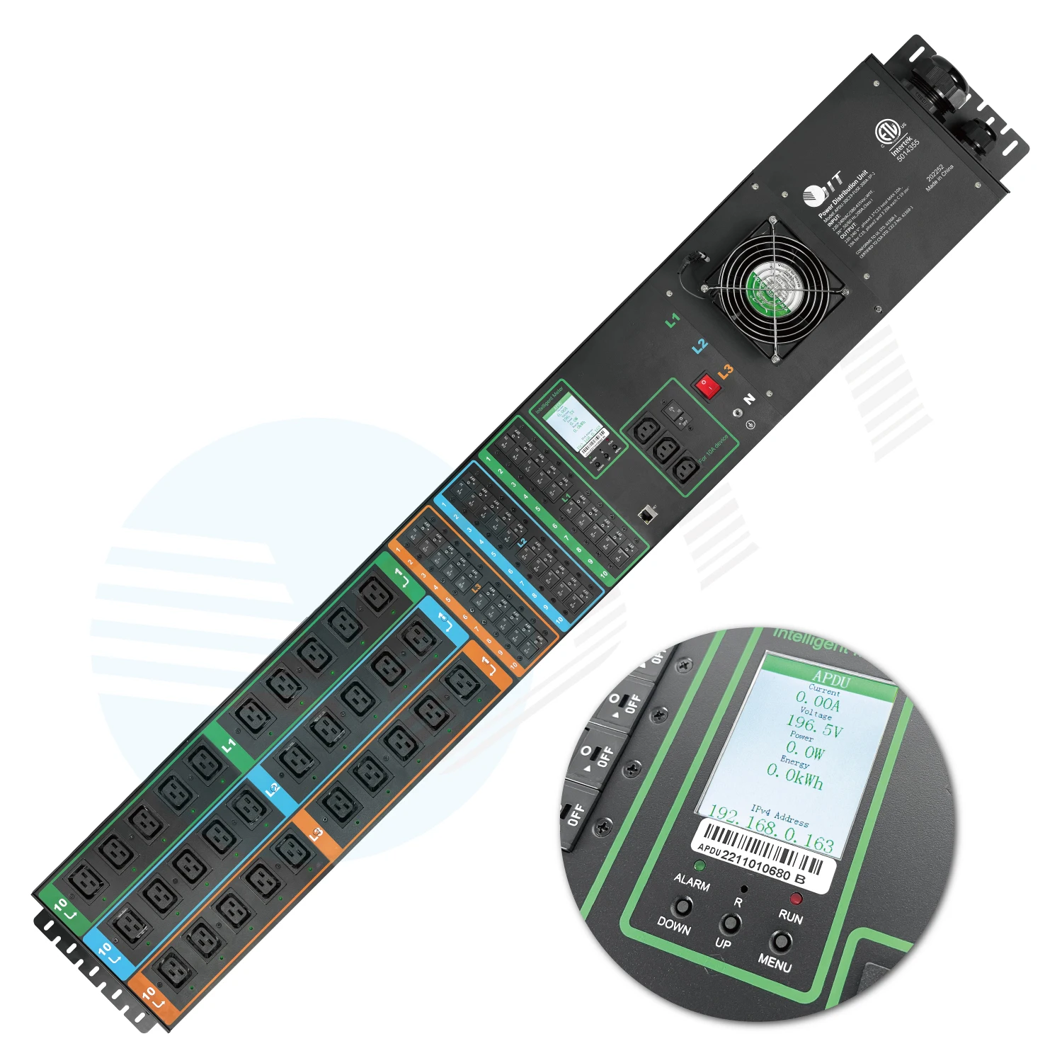 High-power intelligent APDU 200A 3-phase 30Port C19 socket smart network remote IP management LCD meter PDU