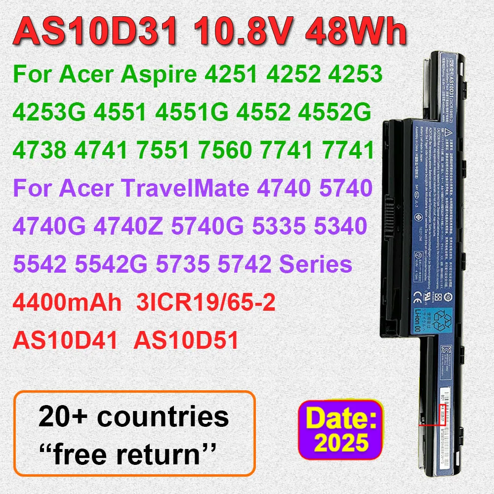 Batería de ordenador portátil Compatible con AS10D31 de 4400mAh para Acer Aspire 4251 4252 4253 4551 4552 4625 4741 4750 5551 5741 7551 7741 4740 5740