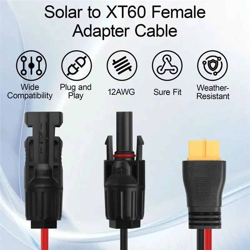 FEDI-XT60 Female Solar To 12AWG Adapter Cable 2PCS Connector For Portable Power Station, RV Camping Off-Grid Solar Panels