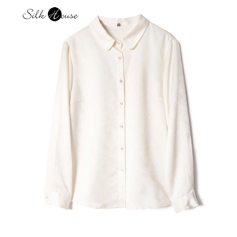 

Autumn Women's Clothing 69.6% Natural Mulberry Silk 30.4% Wool White Fine Grain Round Neck Long Sleeved Urban Fashion Shirt