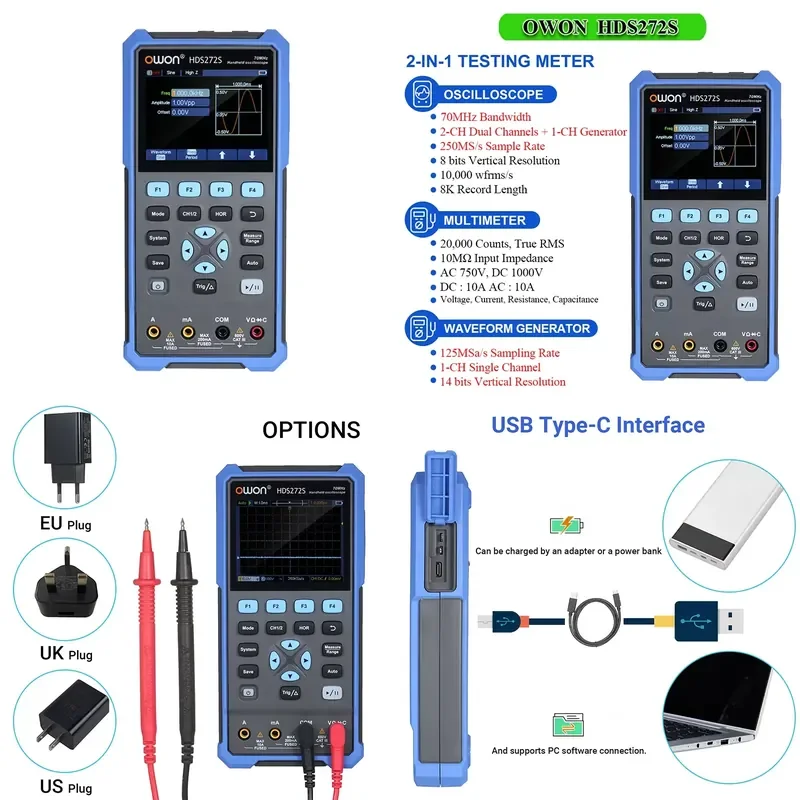 OWON HDS272S 3-in-1 Oscilloscope Multimeter Waveform Generator 2CH 70MHz Bandwidth 20000 Counts Handheld Digital Multimeter
