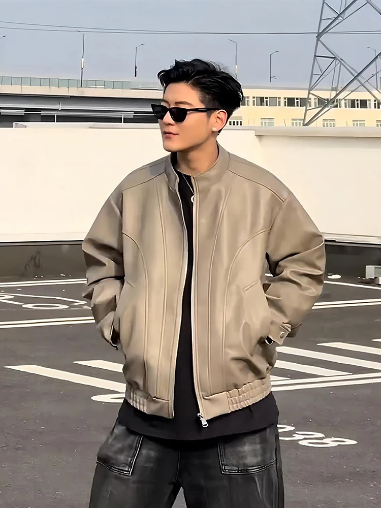 

ort PU Leather Baseball Jaet Men's Spring Autumn American Retro Workwear Zipper Closure Stand Collar Motorcycle Sensation
