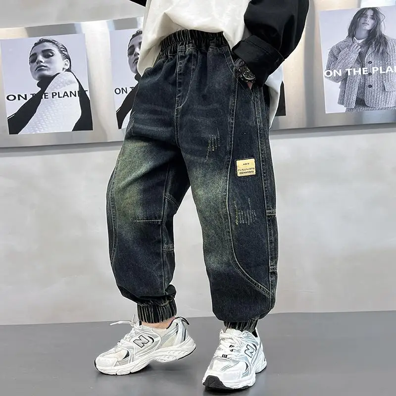 

Весенне-осенние новые хлопковые брюки-карго для детей от 2 до 11 лет, лоскутные джинсы для мальчиков, детские модные джинсы с пучками, детские брюки