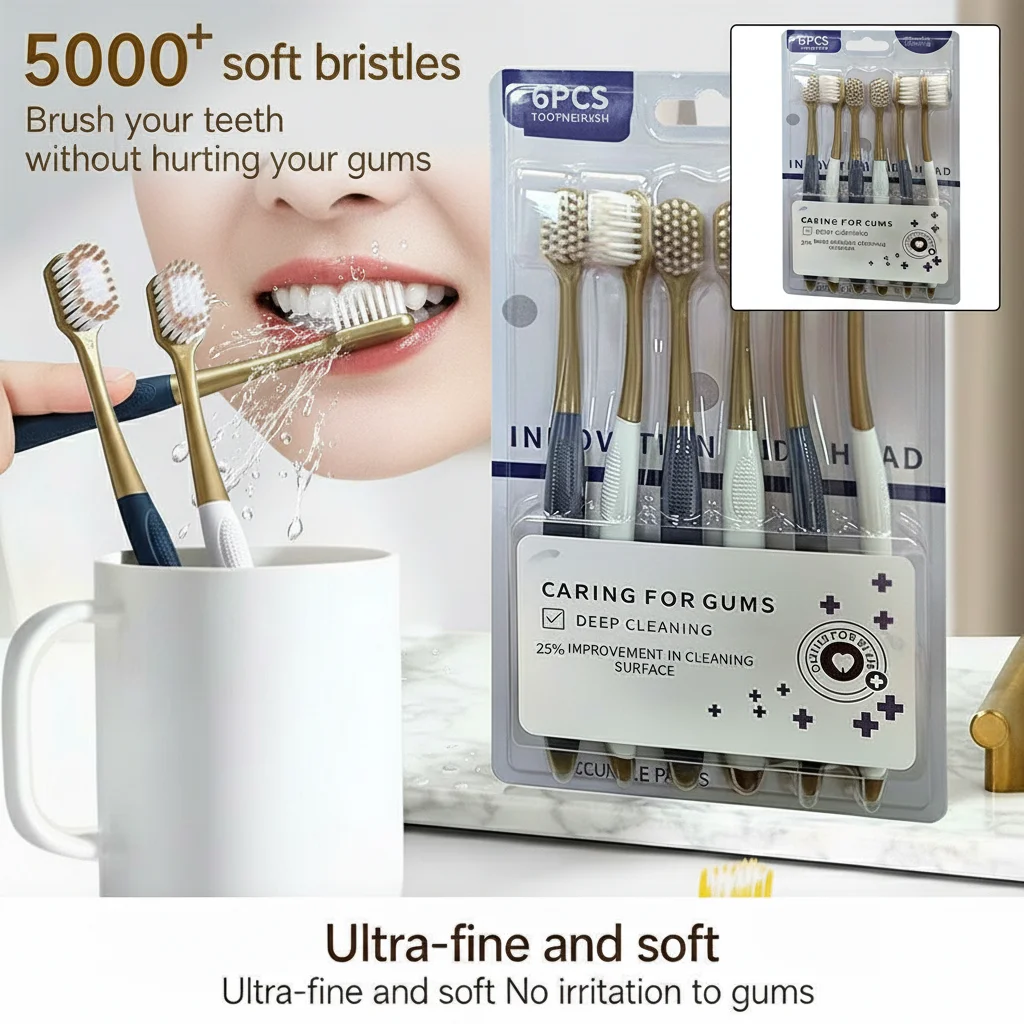 6pcs Soft Bristled Adult Toothbrush Wide Head Dense Silk Gentle on Gums Suitable for Men & Women Aesthetic Value