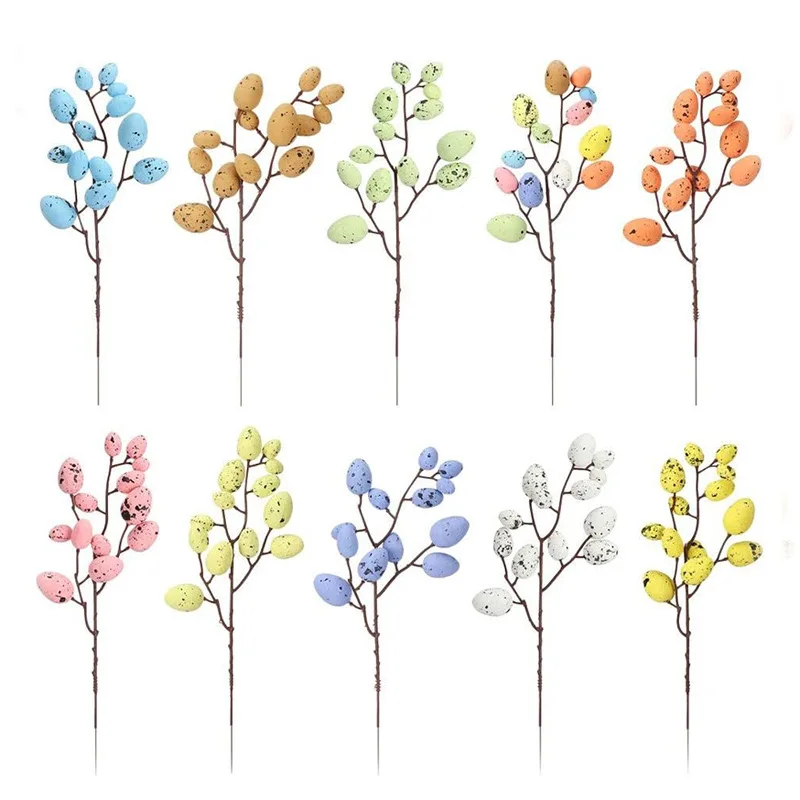 10 PCS Easter Egg Tree Branch Colorful Painting Foam Egg Flower Fake Plant DIY Easter Decoration for Home Table Festival Party