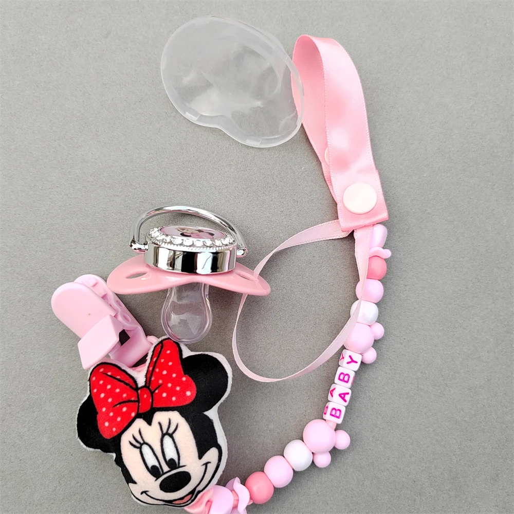 2023 Hot Pink Minnie Mouse Plush Pacifier Toddler Girl Babi Animal Cartoon Cute Beaded Pacifier Clip with Personalized Name Gift