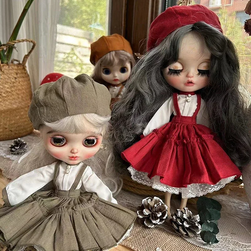 

Handmade Doll Skirt Dress Beret Hat Doll Retro Dress Set Suit Clothes For Blythes Ob22 Ob24 Doll Blyth Doll Accessories