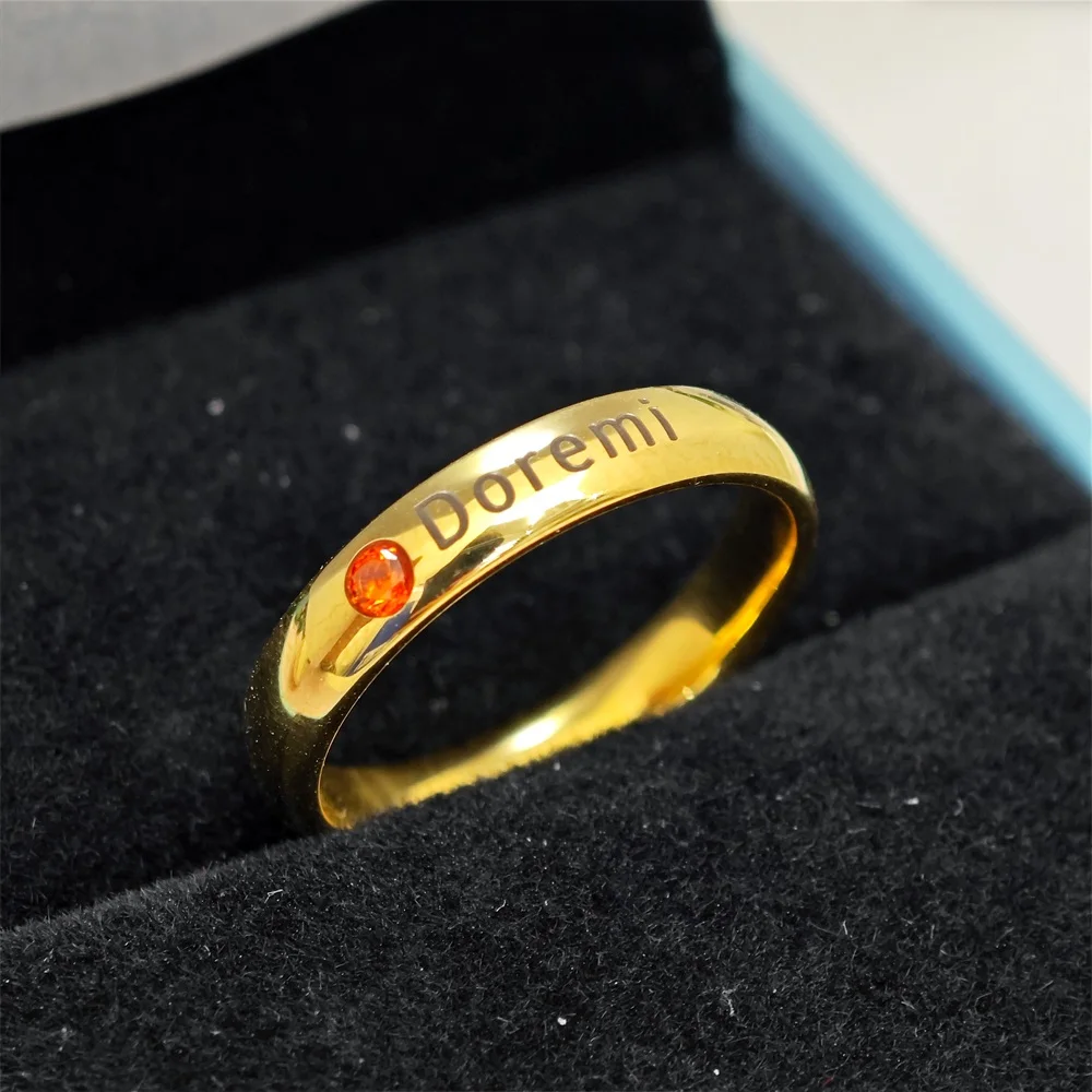 

2023 Custom 12 Birthstone Engraving Name Ring Personalize Stainless Steel Gold Plated Finger Ring Birthday Jewelry Gifts