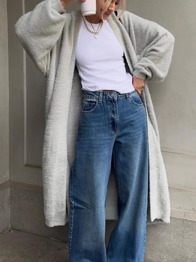 เสื้อคาร์ดิแกนไหมพรมเลียนแบบขนมิงค์ สำหรับฤดูใบไม้ร่วงและฤดูหนาว คอวี แขนยาว ทรงหลวม สไตล์สบายๆ