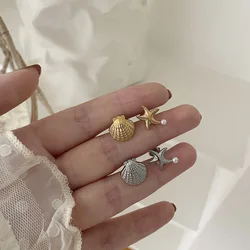 316l Stainless Steel Retro Shell Starfish Asymmetry Stud Earrings Prevent Allergy 18K PVD Plated Texture Statement Jewelry