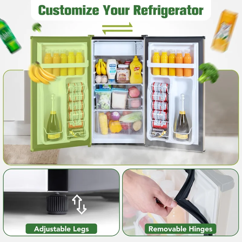 3.2 Cu.Ft Small Fridge with Freezer, Reversible Door Compact Refrigerator, Energy-saving, Low Noise, Mini fridge for Bedroom