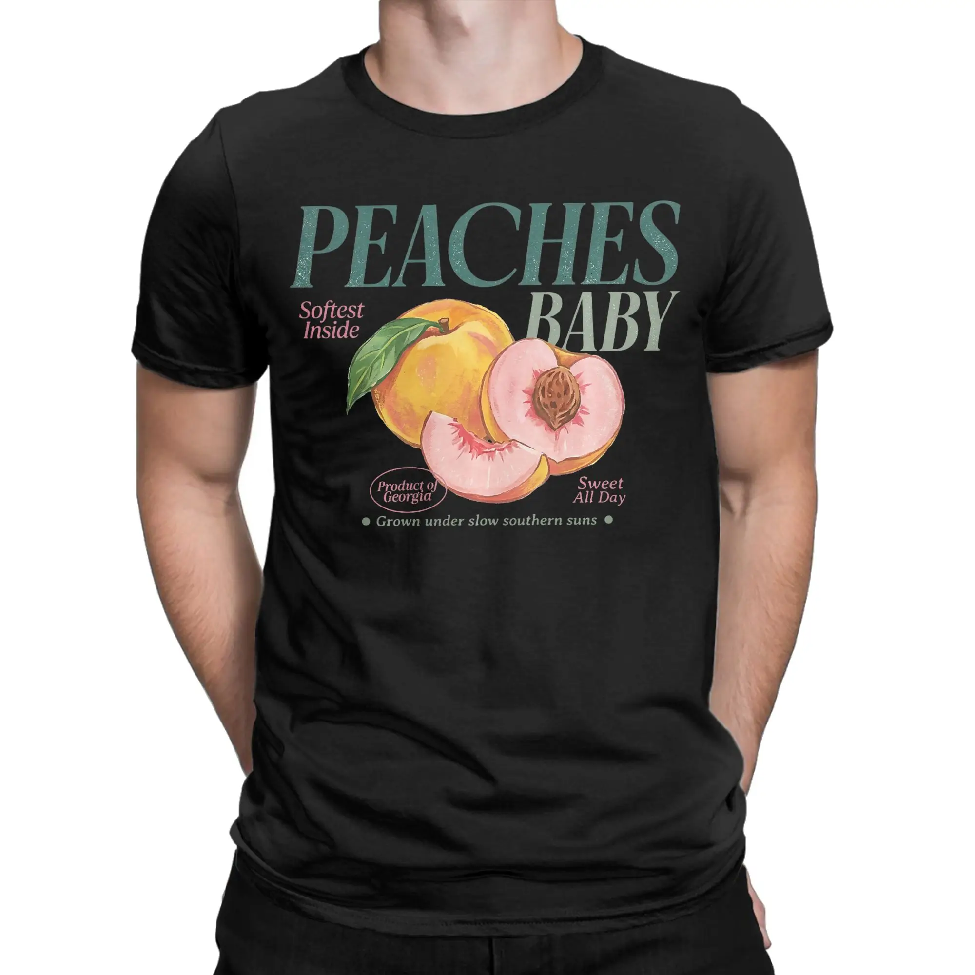 Peach Local Market Cottagecore Fruit Lover Men T Shirt  Unique Tee Shirt Short Sleeve Crew Neck T-Shirts 100% Cotton Party Tops
