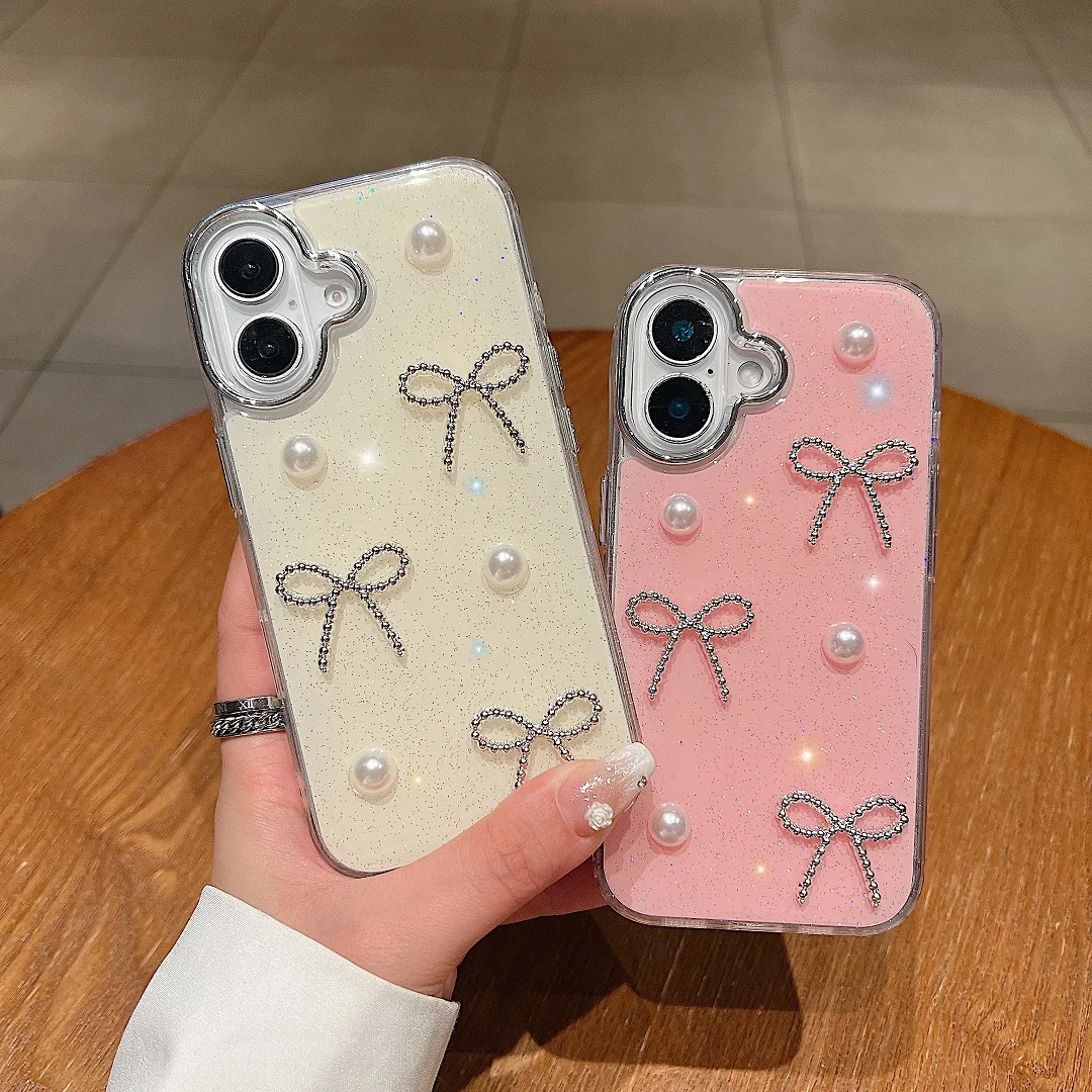 

Luxury Bowknot Pearl Decorated Glitter Phone Case For iPhone 11,12,13, 14, 15, 16 Pro Max Plus Anti Drop Protective Bag Cover