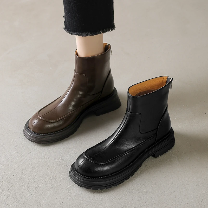 2026 new autumn winter women ankle boots natural leather plus size 22-25cm split leather+wool back zip thick heel short boots