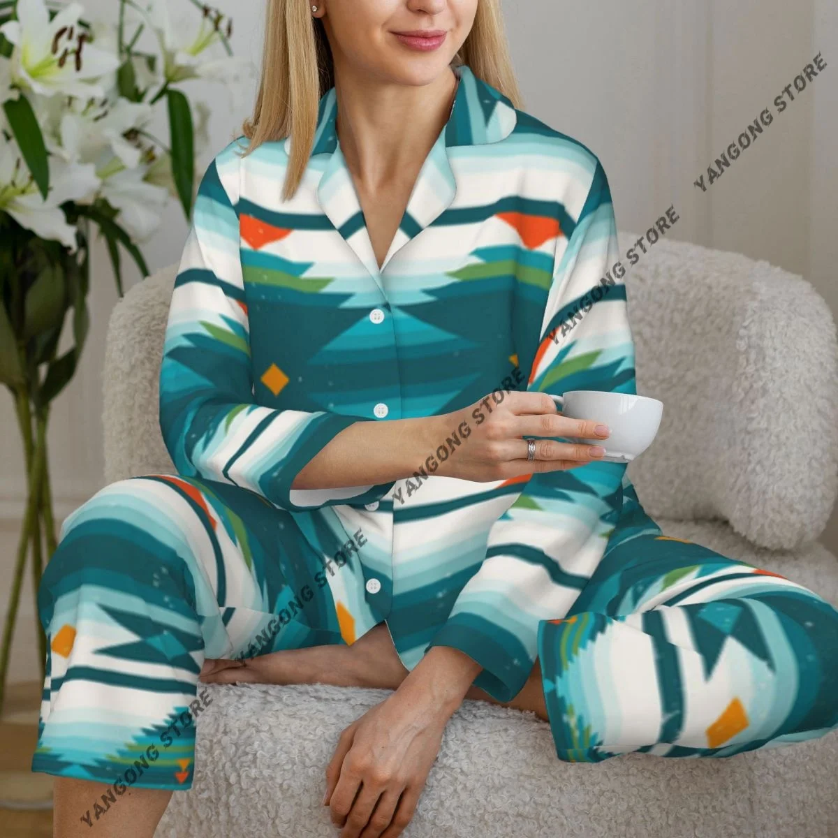 

Весенне-осенний пижамный комплект, женские брюки с длинными рукавами, комплект из двух предметов с индейским американским узором, этнический комплект для домашнего интерьера