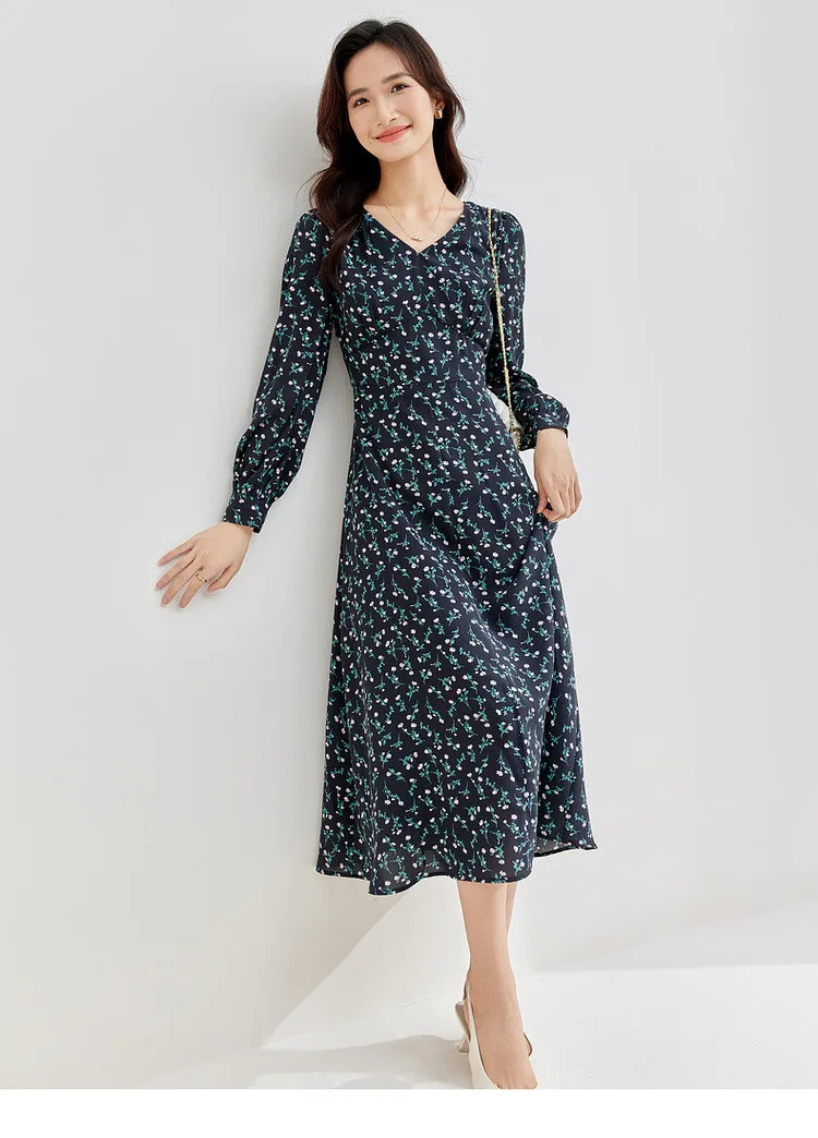 

SENTUBILA Print French Style Dress Women Autumn 2024 Slim Fit V Neck Long Sleeve Beach Holiday Dress Elegant Dress Q43L57165X