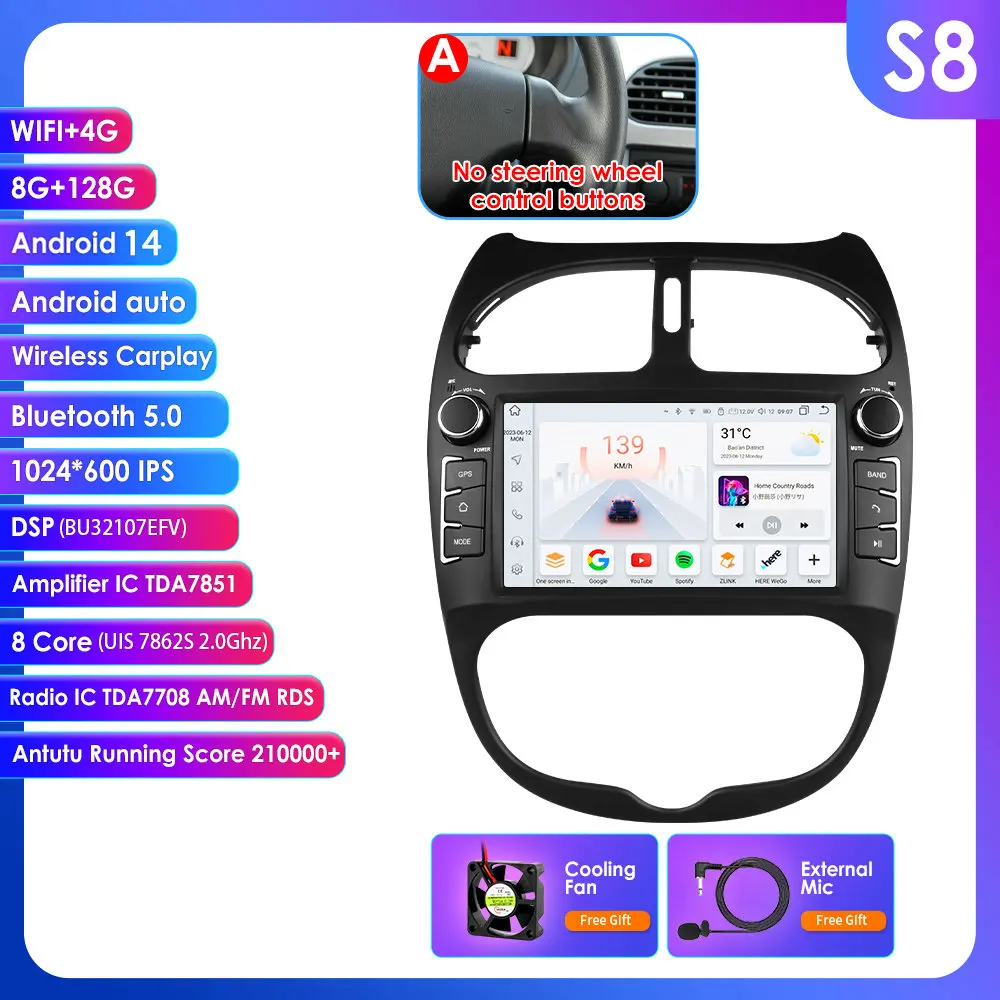 Voor Peugeot 206 2001-2008 Autoradio Multimedia Video Player Navigatie GPS 4G Carplay Android 14 AutoRadio stereo 7 ''Hoofd Unit