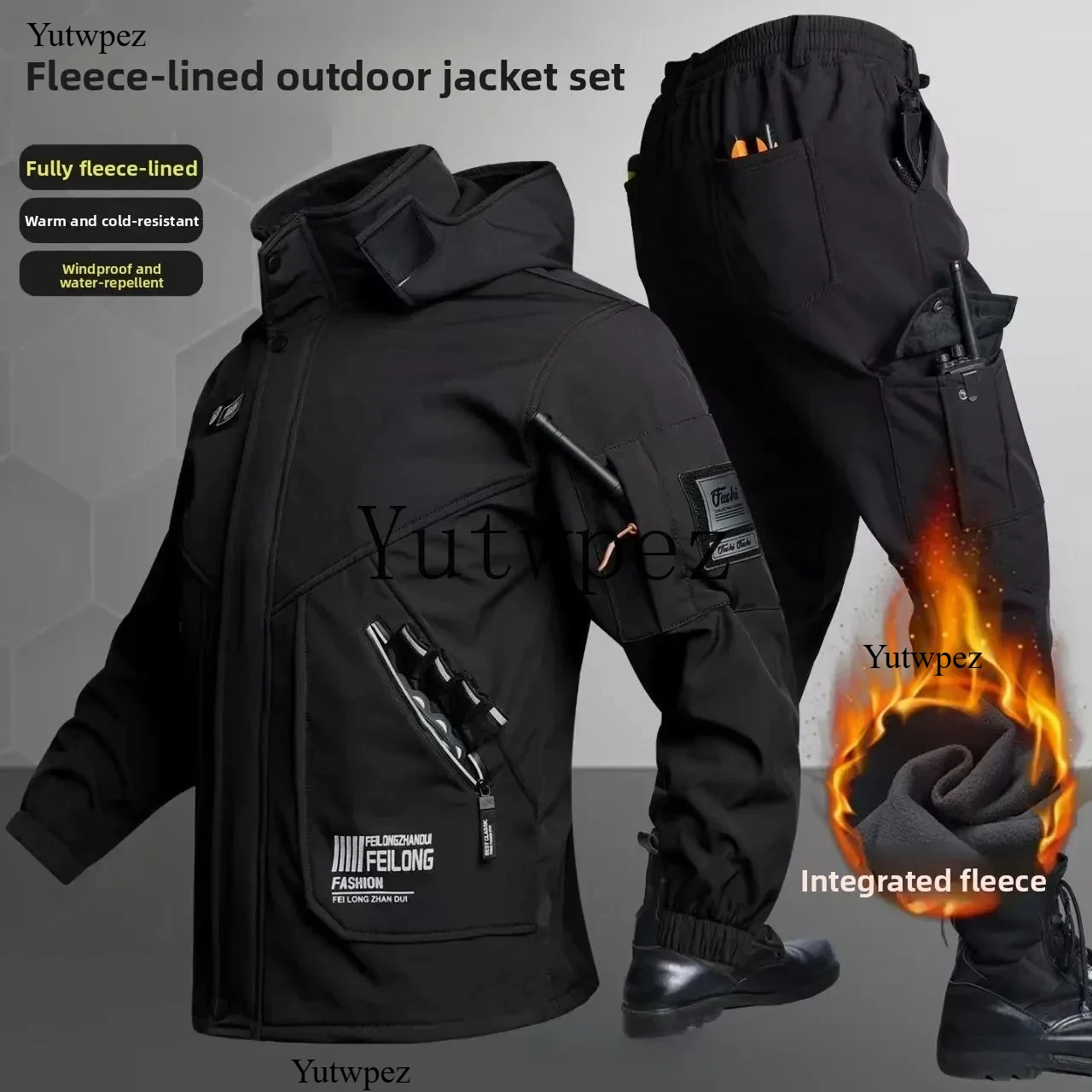 Men's Casual Wear Resistant Windproof Waterproof Workwear Jacket Thickened Fleece Autumn Winter Outdoor Hiking Climbing Set